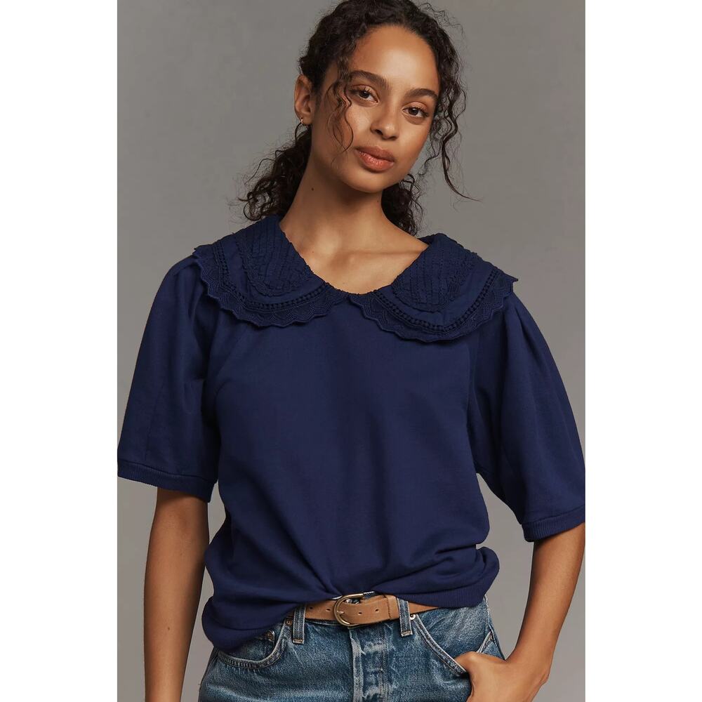 Maeve by Anthropology  Short-Sleeve Embellished-Collar Top SzM $108